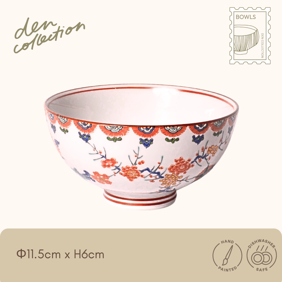有田焼 色絵梅菊文 飯碗 / Arita Ware Iroe Ume-Kiku Rice Bowl – 梅と菊を色絵で描いた華やかな縁起文様の飯碗