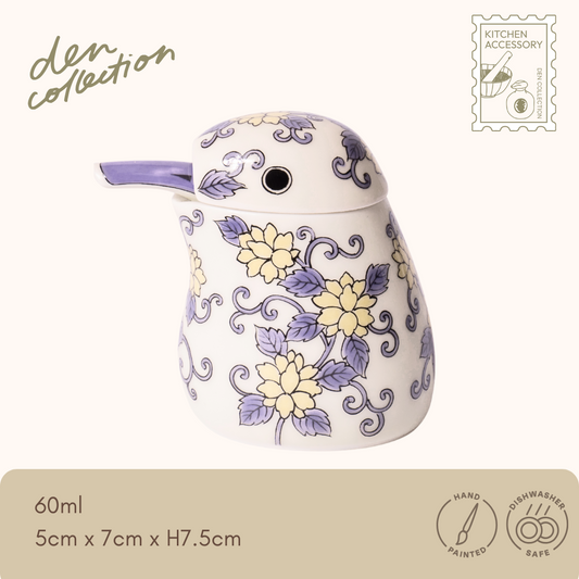 有田焼 錦紫唐草文 川せみ型醤油差 / Arita Ware Nishiki Purple Arabesque Kingfisher Soy Sauce Dispenser – 紫唐草文様をあしらった愛らしい川せみ型の醤油差し
