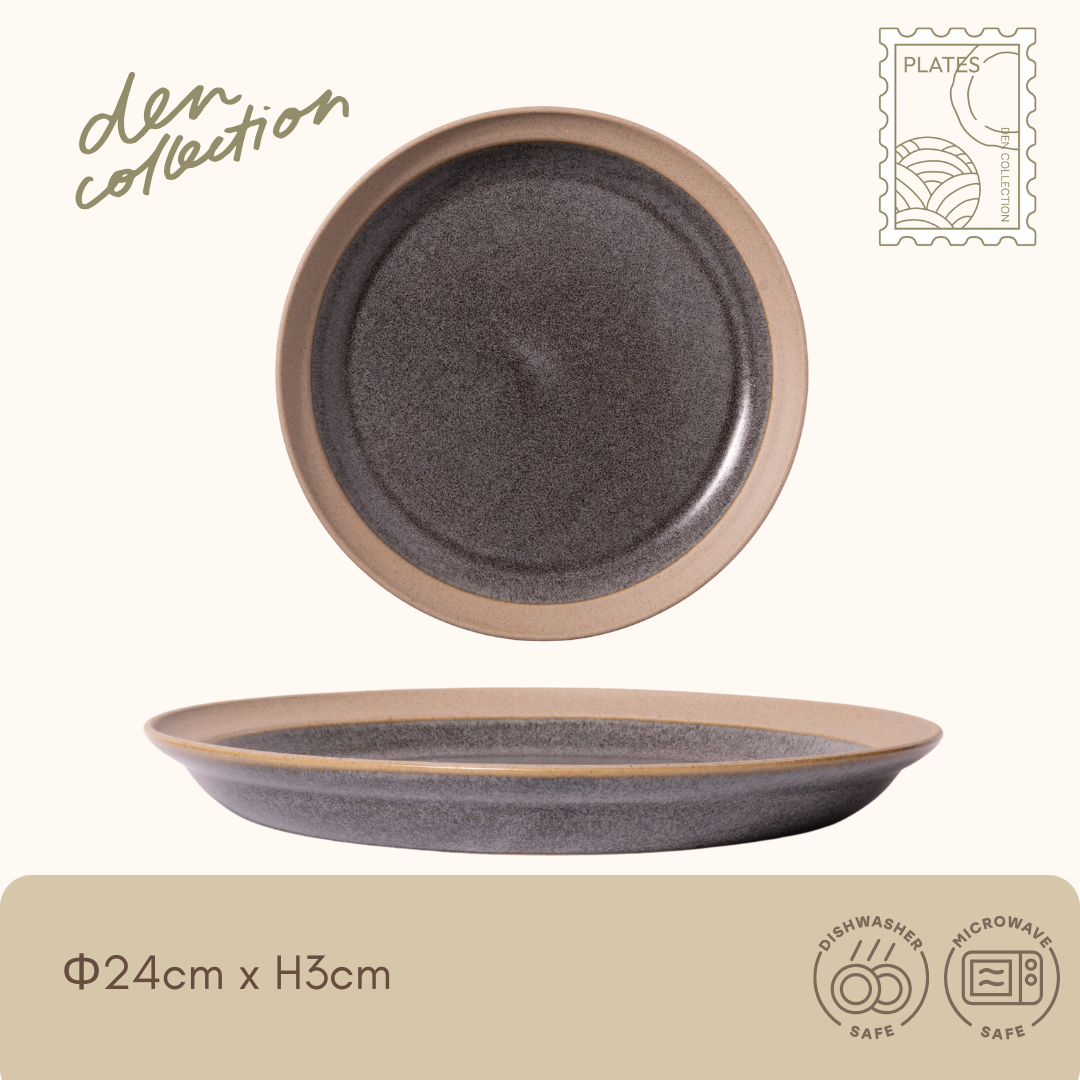Earth Tone Plate in matte gray with natural unglazed rim, 24cm flat plate ideal for main dishes or breakfast / アーストーンプレート(グレー)マットな質感と素地のリムが特徴の24cmプレート。メインや朝食にぴったり