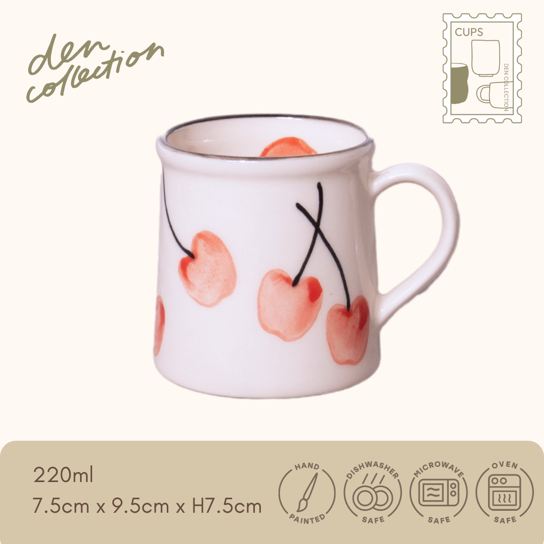 Hand-painted Fruity Basket mug with charming cherry illustrations, evoking a sweet and whimsical style. / 手描きのさくらんぼ柄が可愛い萬古焼のFruity Basketマグカップ(さくらんぼ)。遊び心あるデザインです。
