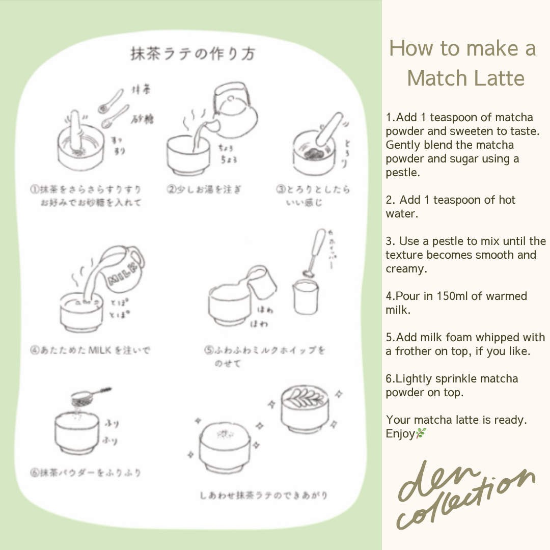 How to make a matcha latte – illustrated step-by-step guide with instructions in Japanese and English. Includes mixing, frothing, and serving tips.
抹茶ラテの作り方イラスト。抹茶パウダーとミルクの混ぜ方から仕上げまでを、英語と日本語で解説したステップガイド。