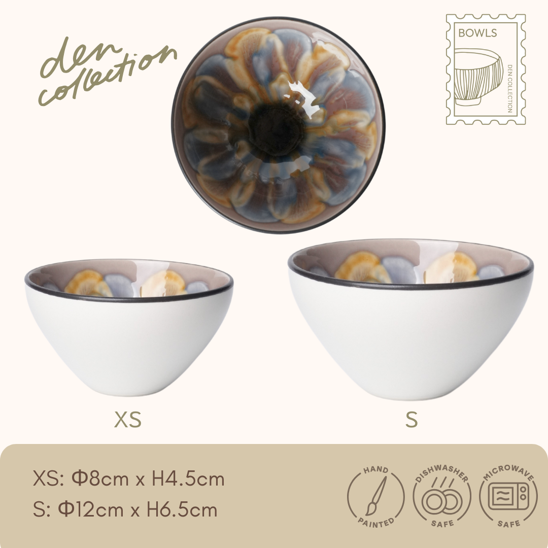 Marble Blossom Bowl in purple – 8cm/12cm handmade Japanese Mino ware with crystalline glaze. Mulberry color for an elegant setting.
マーブルボウル(ムラサキ)。8cm/12cmの手作り美濃焼。結晶釉が美しく、深みのあるムラサキ色が上品な印象を与えます。