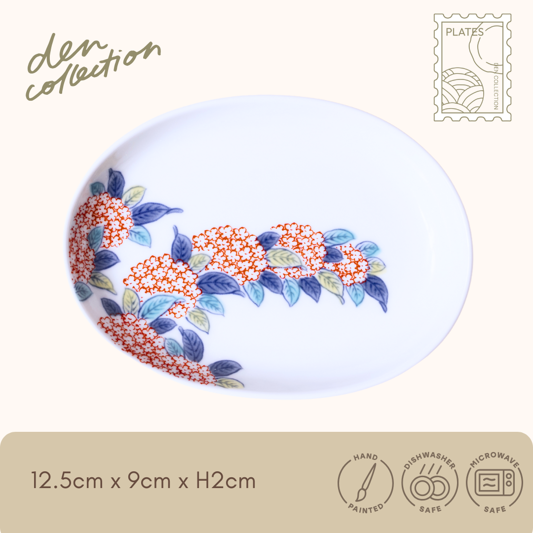 有田焼 其泉色鍋島 小手毬 小判型小皿 / Arita Ware Shosen Iro-Nabeshima Kodemari Oval Small Plate – 赤い小手毬の花と青葉を描いた華やかな小判型小皿