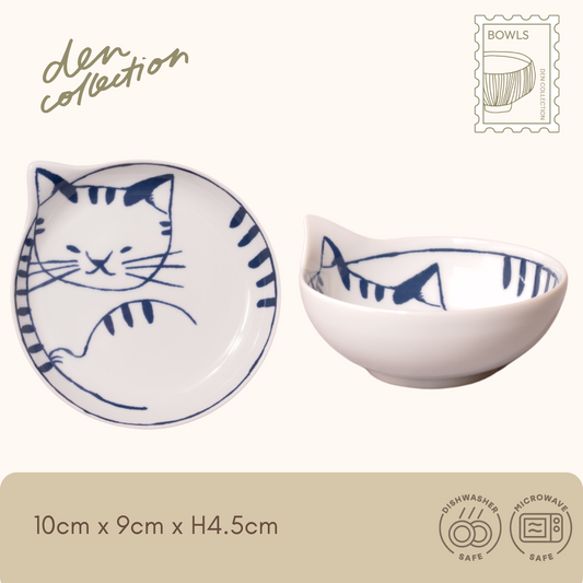 Hasami ware Cozy Neco Bowl – “Tabby” design with soft tiger stripes on a curled-up cat motif. A versatile and charming bowl for everyday use. / 波佐見焼「Cozy Neco 小鉢（トラ）」は、優しいトラ柄の猫が寝ている様子を表現した小鉢。日常使いに最適な実用性と癒しを兼ね備えた器。
