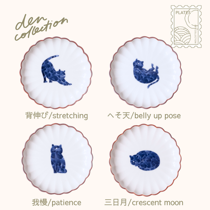 呉須猫 へそ天 菊割皿/Gosu Cat Belly Up Pose Chrysanthemum Plate