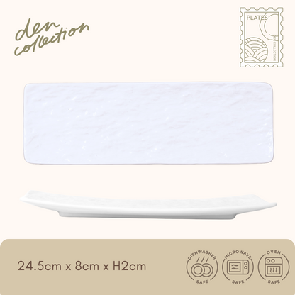 Noir Slate Rectangular Plate in white – a modern rectangular plate with a clean, stone-like finish. 爽やかな白色のスレート細角プレート、料理を引き立てるシンプルな美しさ。