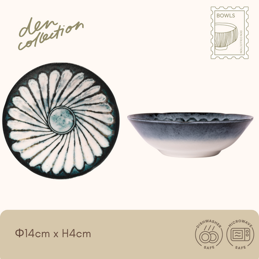 REIWA HANA Bowl – Elegant Japanese porcelain bowl featuring a radiant indigo floral pattern inspired by chrysanthemum petals. Perfect for soups, salads, or rice dishes. Dishwasher safe. / 菊の花びらをモチーフにした藍色の模様が美しい、日本製の磁器製Reiwa Hana ボウル。スープやサラダ、ご飯ものに最適。食洗機対応。
