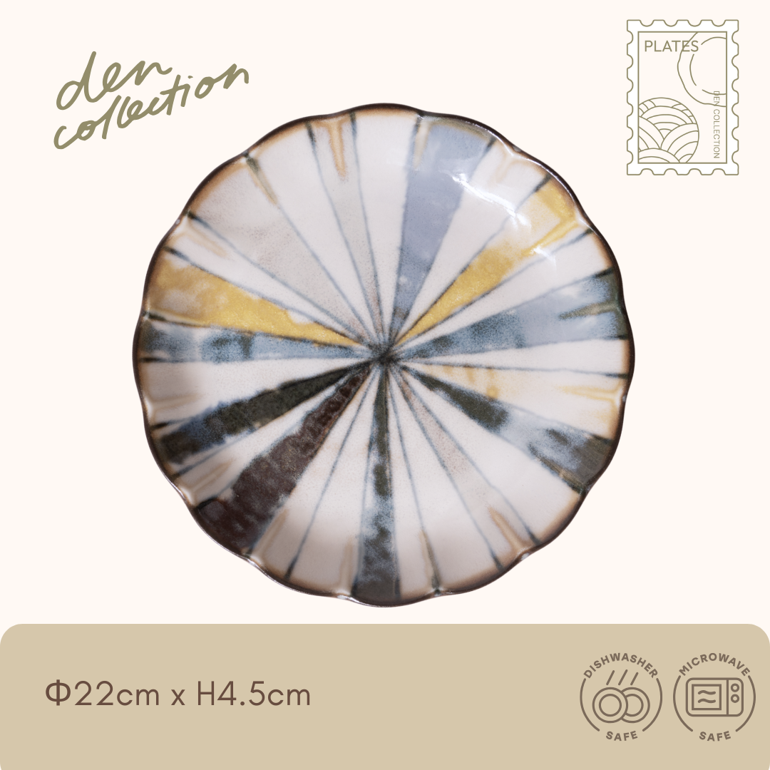 Taisho Tokusa Deep Plate – Hand-painted-style radial stripe pattern in soft tones, retro-modern Japanese plate / 大正十草 深皿 放射状の手描き風ストライプ模様とやさしい色合いが魅力の和食器