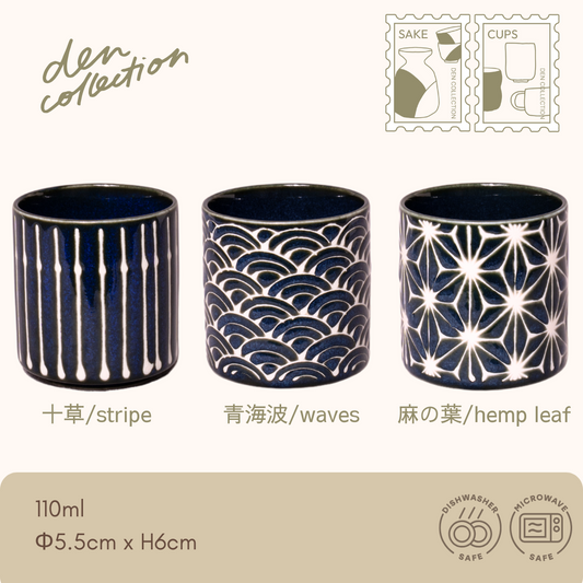 Wagara Indigo Sake Cup – Japanese ceramic sake cup featuring traditional indigo patterns: Tokusa (vertical stripes), Seigaiha (blue ocean waves), and Asanoha (hemp leaf). Ideal for enjoying sake with a touch of cultural elegance. ぐい呑 紺和 – 日本の伝統的な和柄（十草、青海波、麻の葉）が施された美濃焼の酒器。日本酒を楽しむのに最適な一品です。
